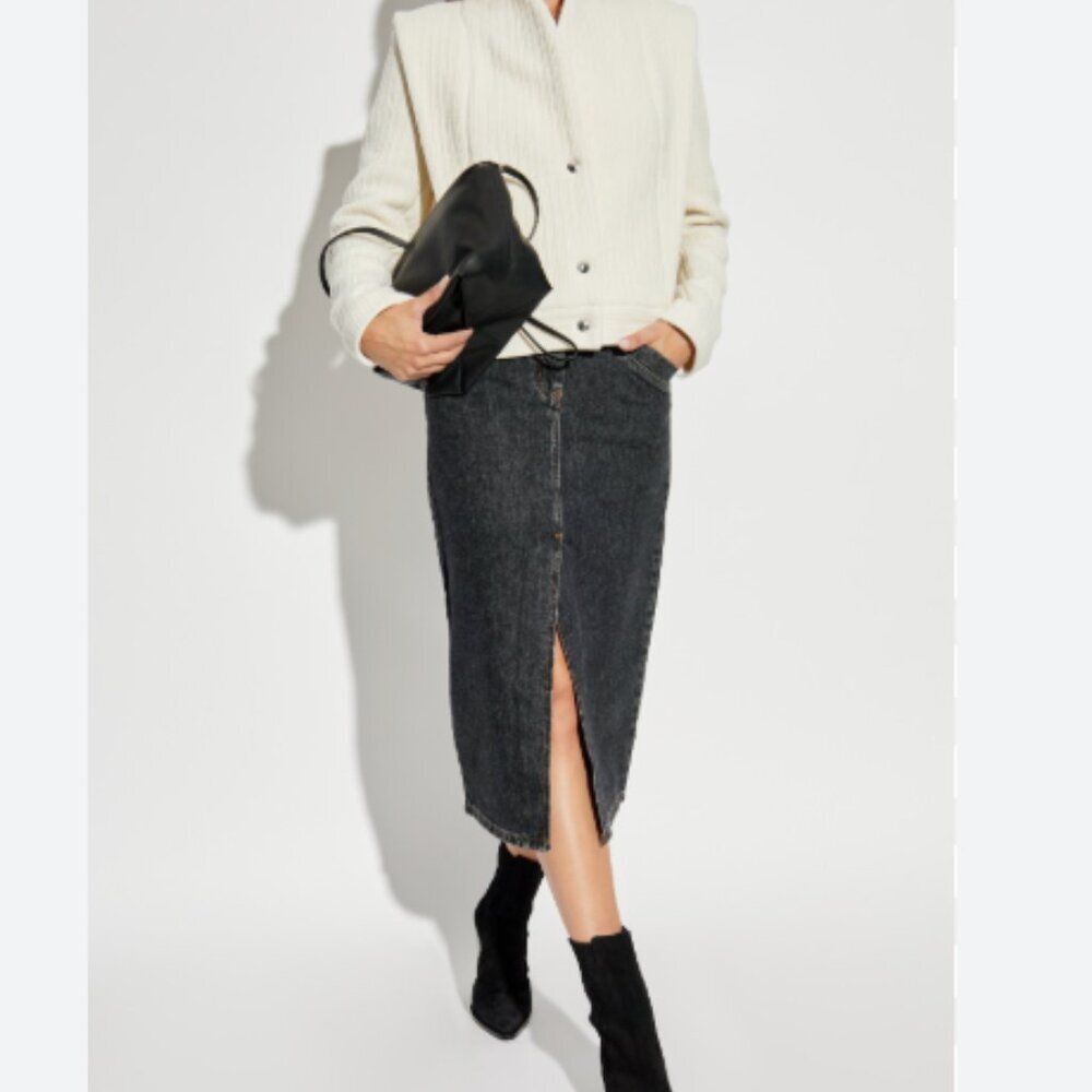 IRO Black Washed Denim Midi Skirt with Front Slit
